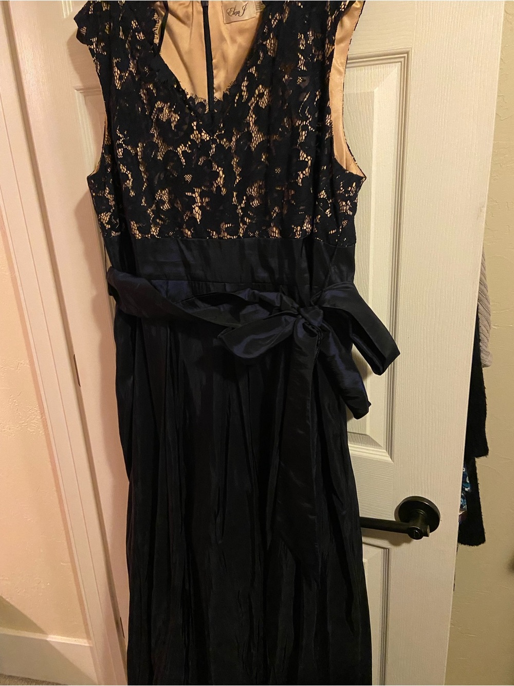 Stunning Eliza J Navy Blue Lace and Satin A-Line, floor length gown